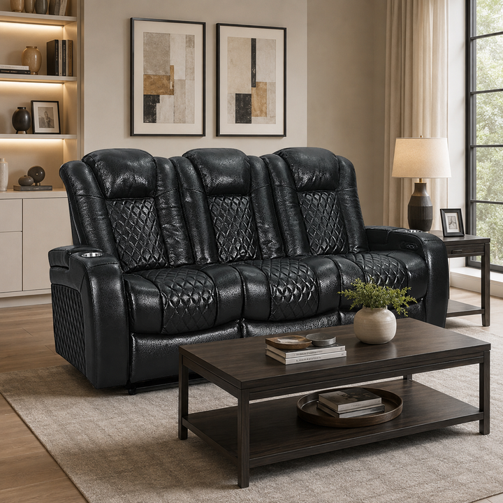 Pulse Power Recliner Sofa With Bottom LED Lighting - Midnight Black