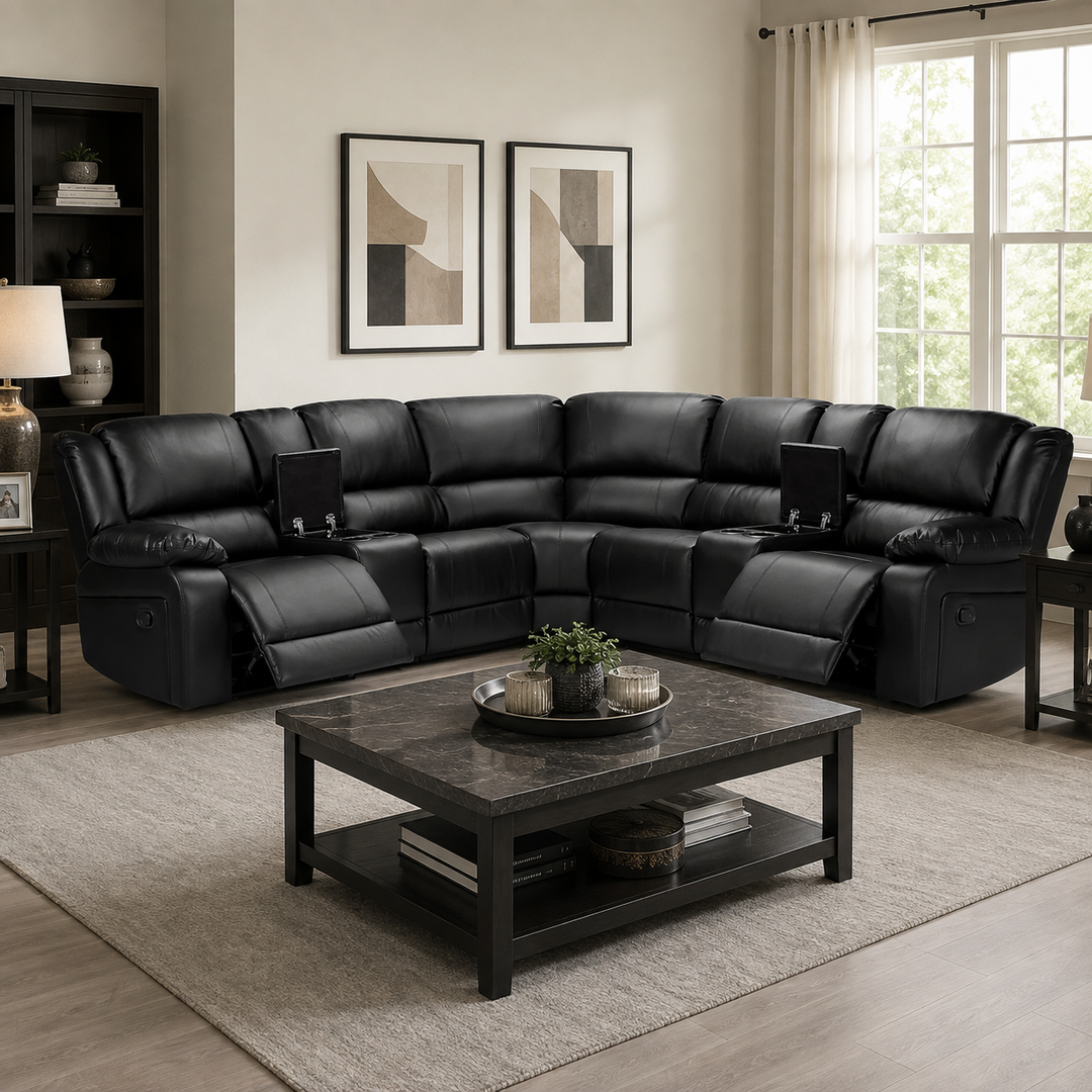 Wayne Black 5-Seater Sectional Recliner Sofa with Cup Holders &amp; Storage Consoles