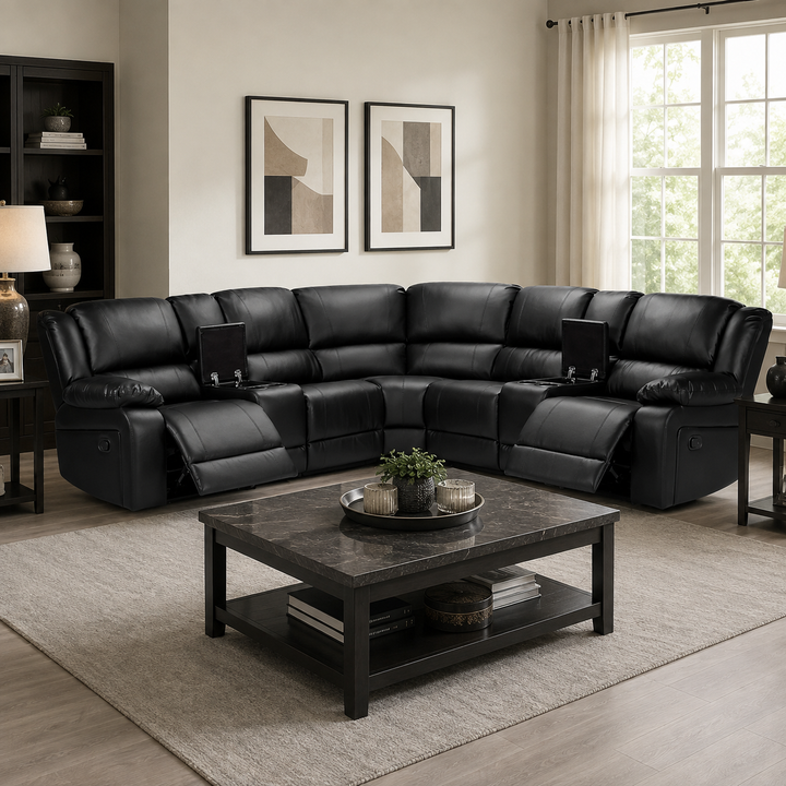 Wayne Black 5-Seater Sectional Recliner Sofa with Cup Holders &amp; Storage Consoles