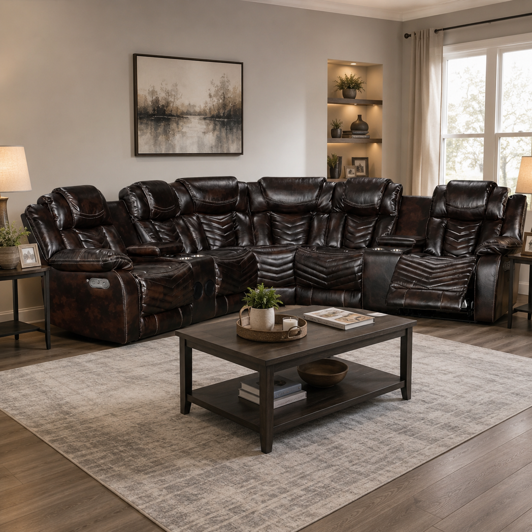 Mitchell 5-Seater Power Recliner Sectional In Air Leather Upholstery - Brown