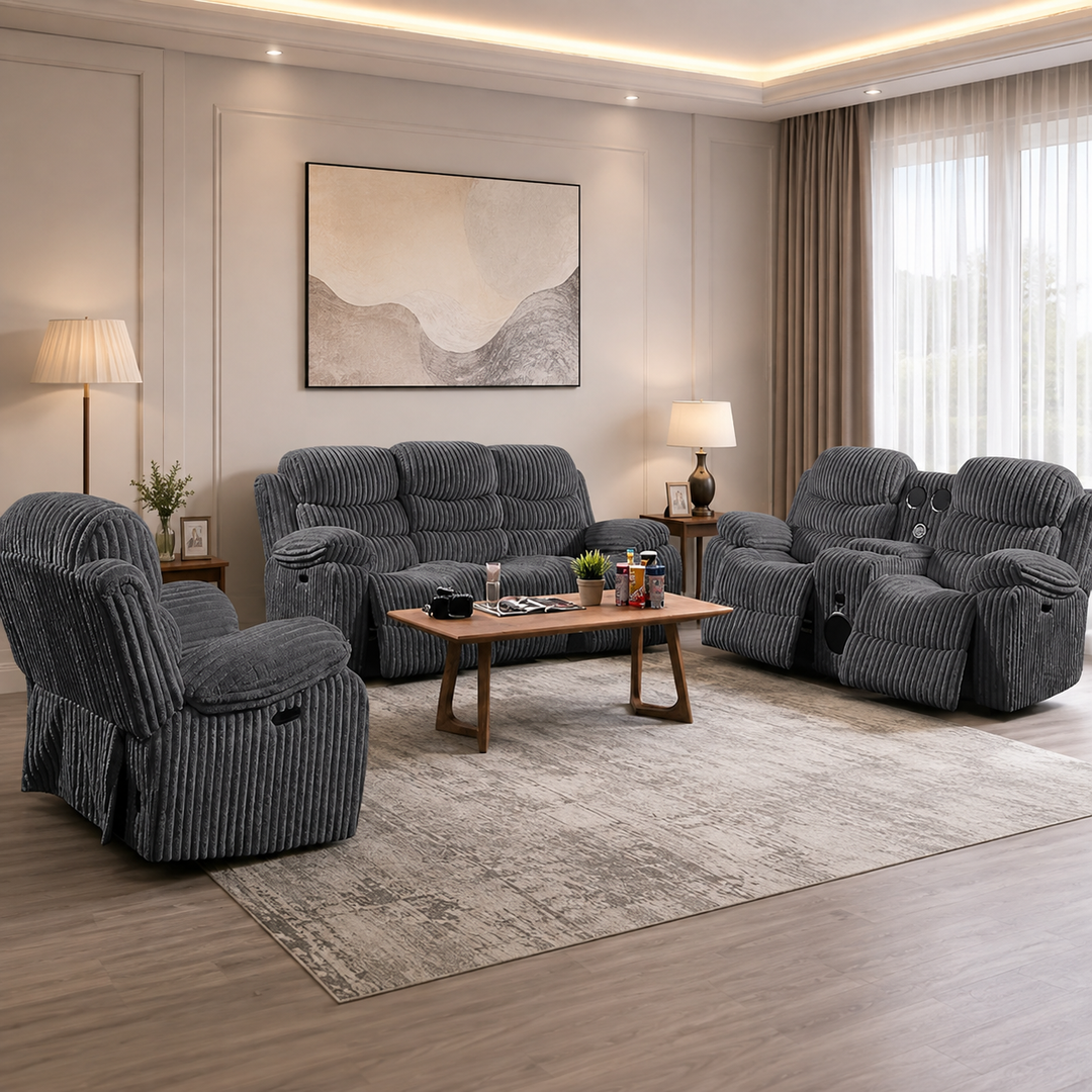 Cascade 3-Piece Power Recliner Set In Luxurious Fabric Upholstery - Grey