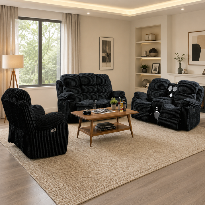 Cascade 3-Piece Power Recliner Set In Luxurious Fabric Upholstery - Black