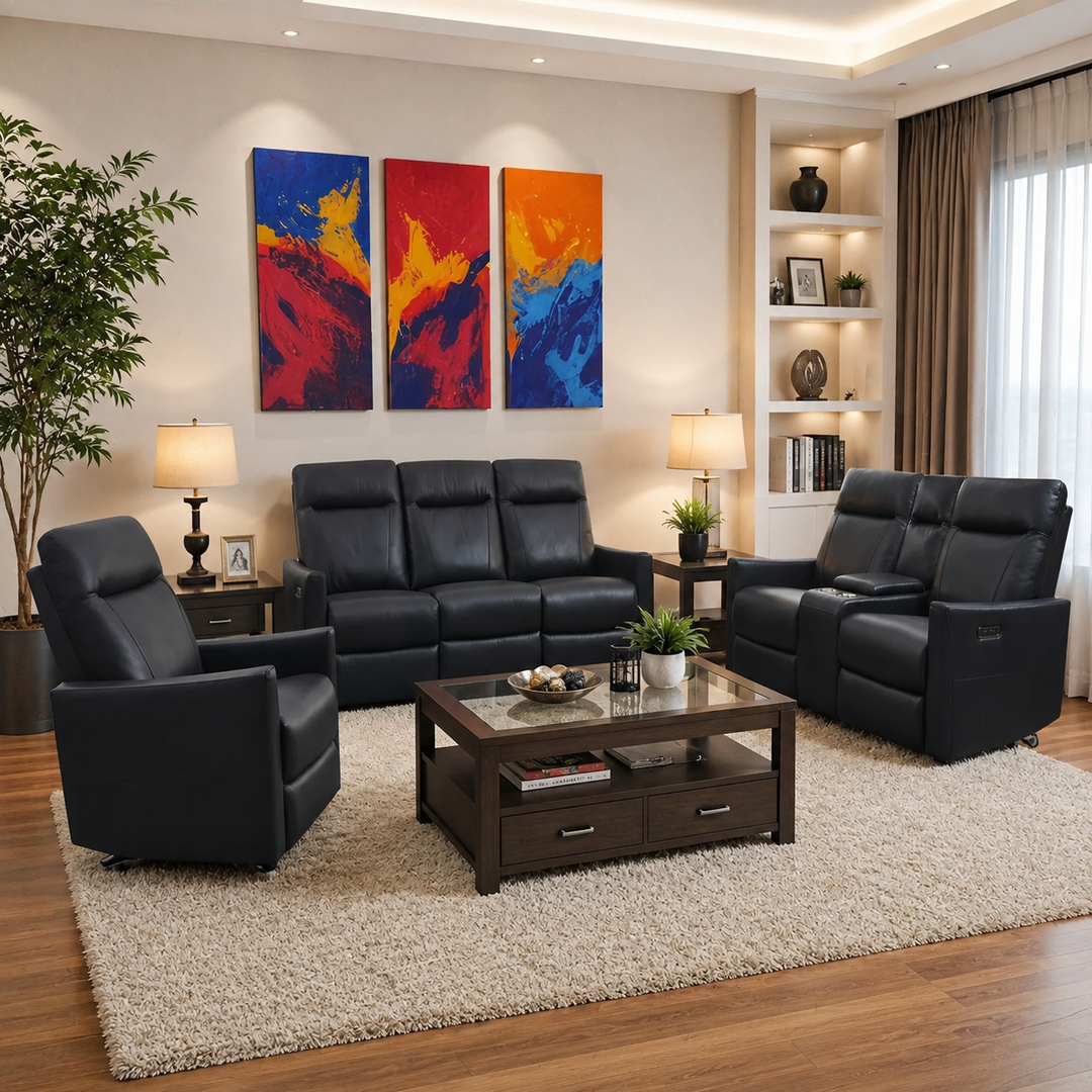 Vertex 3-Piece Power Recliner Set In Air Leather Upholstery - Black