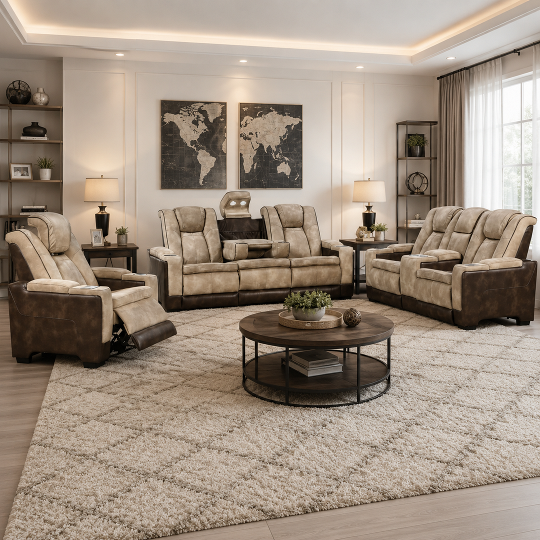 Trance 3-Piece Power Recliner Set In Leather Upholstery - Beige/ Brown