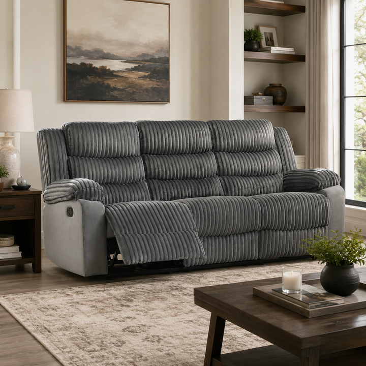Nathan 3-Seater Manual Recliner Sofa In Fabric Upholstery - Grey