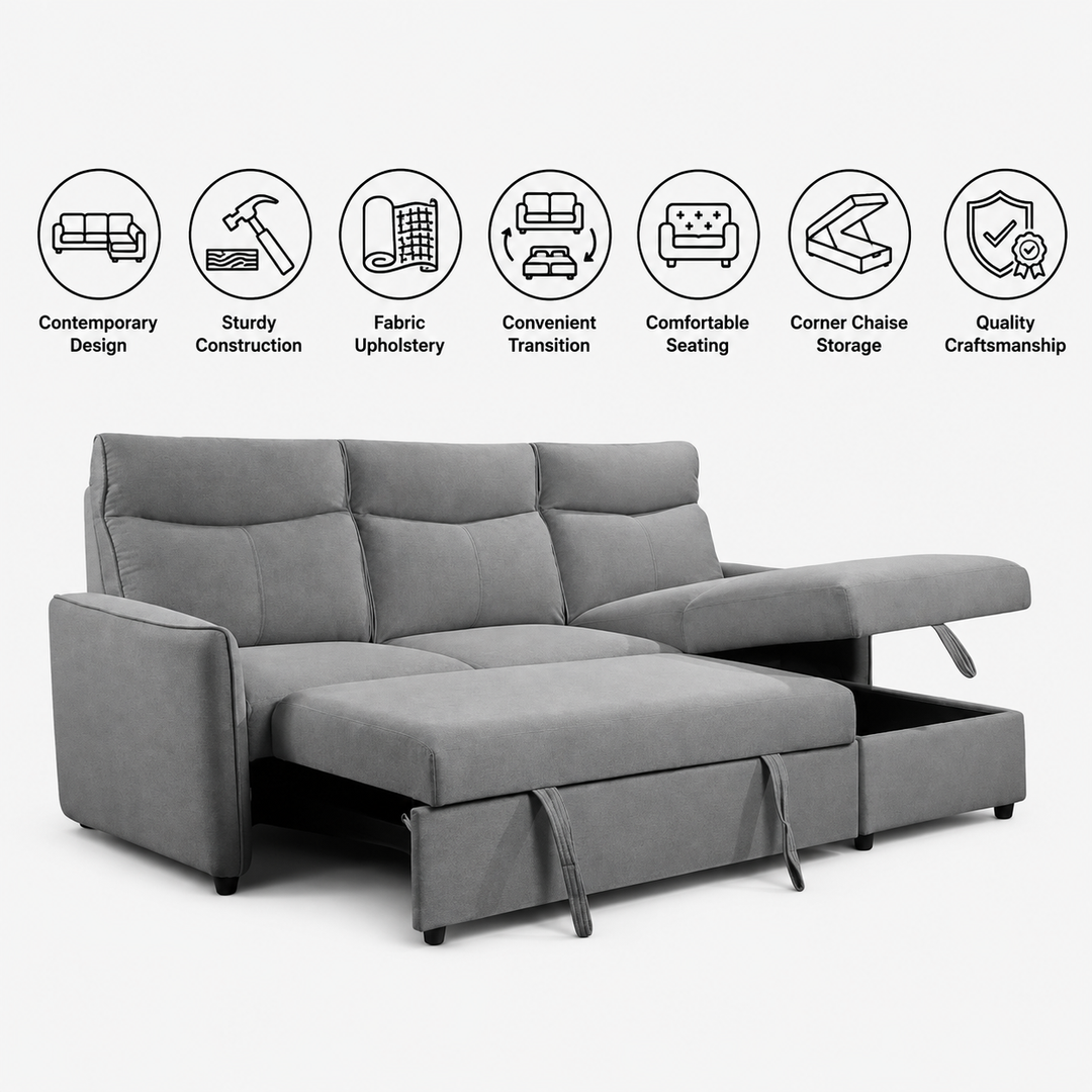 Mitchell Fabric Upholstered Sectional Sofa Bed With Reversible Chaise - Grey