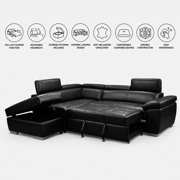 Ewan Air Leather Sectional Sofa Bed with Storage Ottoman &amp; Adjustable Headrests - Black