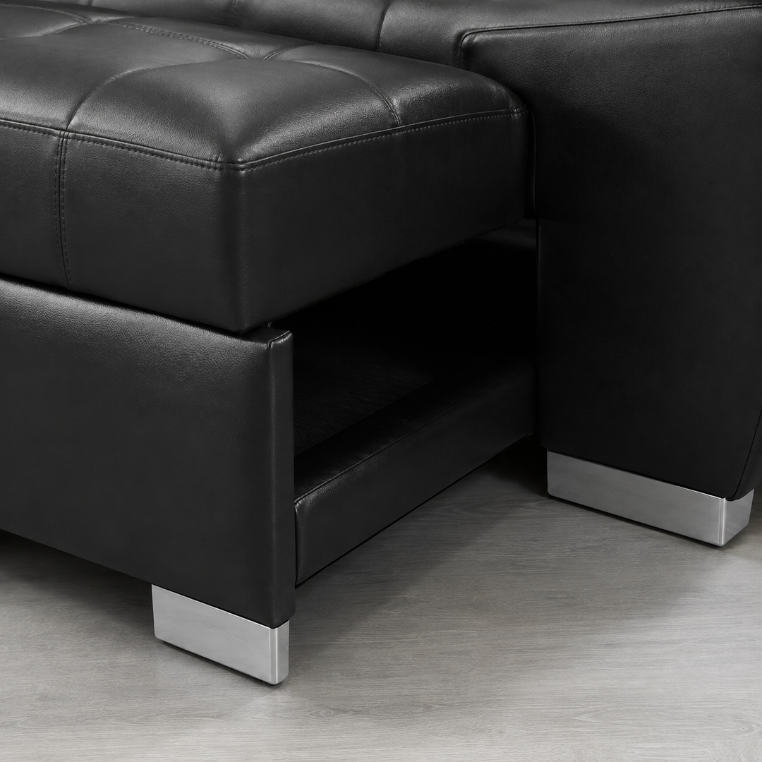 Ewan Air Leather Sectional Sofa Bed with Storage Ottoman &amp; Adjustable Headrests - Black