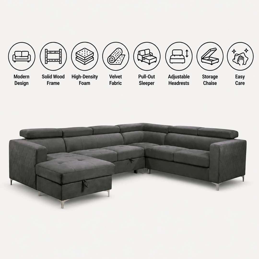 Colson 4-Piece LHF Sectional Sofa Bed In Fabric Upholstery - Grey