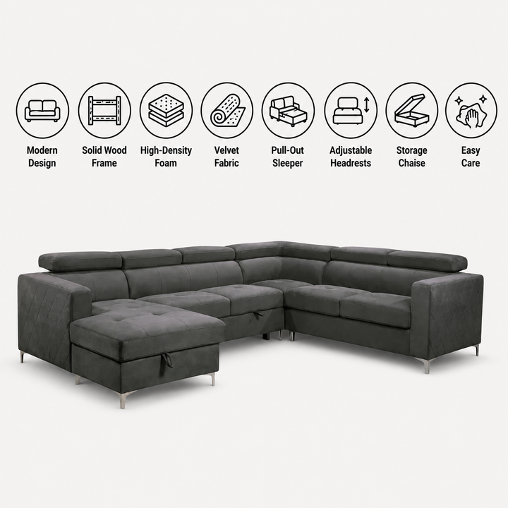 Colson 4-Piece LHF Sectional Sofa Bed In Fabric Upholstery - Grey