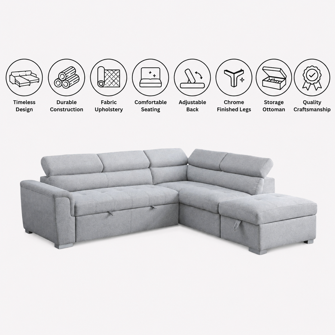 Logan Fabric Upholstered Sectional Sofa Bed - Grey | Available In RHF &amp; LHF Configuration