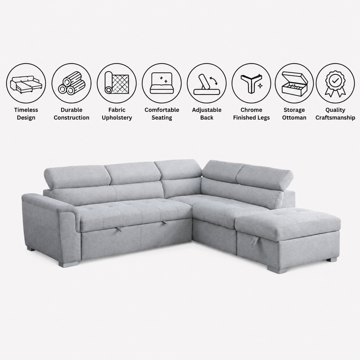 Logan Fabric Upholstered Sectional Sofa Bed - Grey | Available In RHF &amp; LHF Configuration