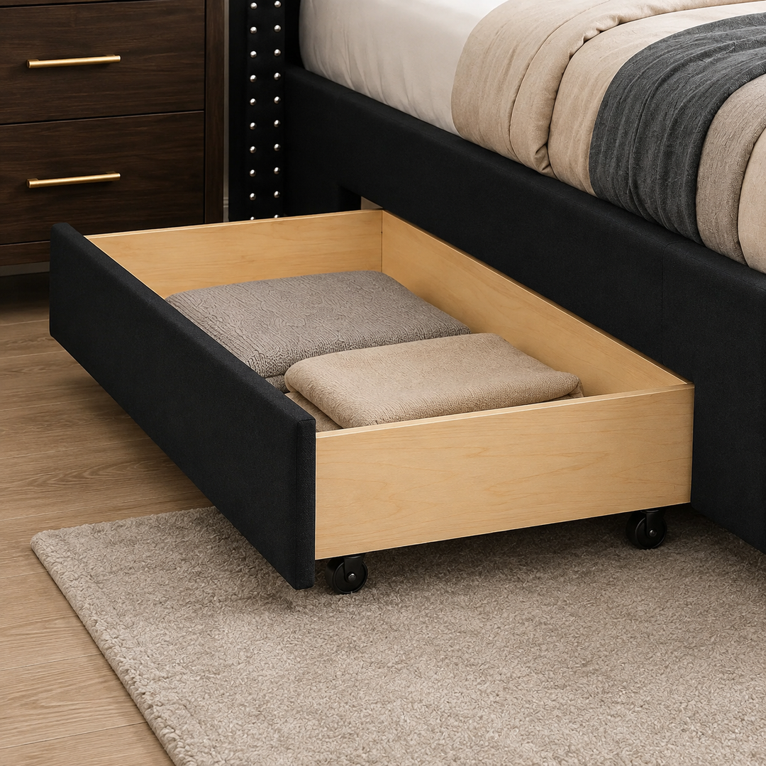 Malibu Fabric Upholstered Platform Bed Frame With Storage - Black