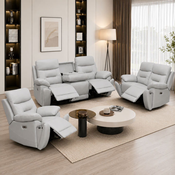 Cox 3-Piece Silver Power Recliner Set In Top Grain Leather