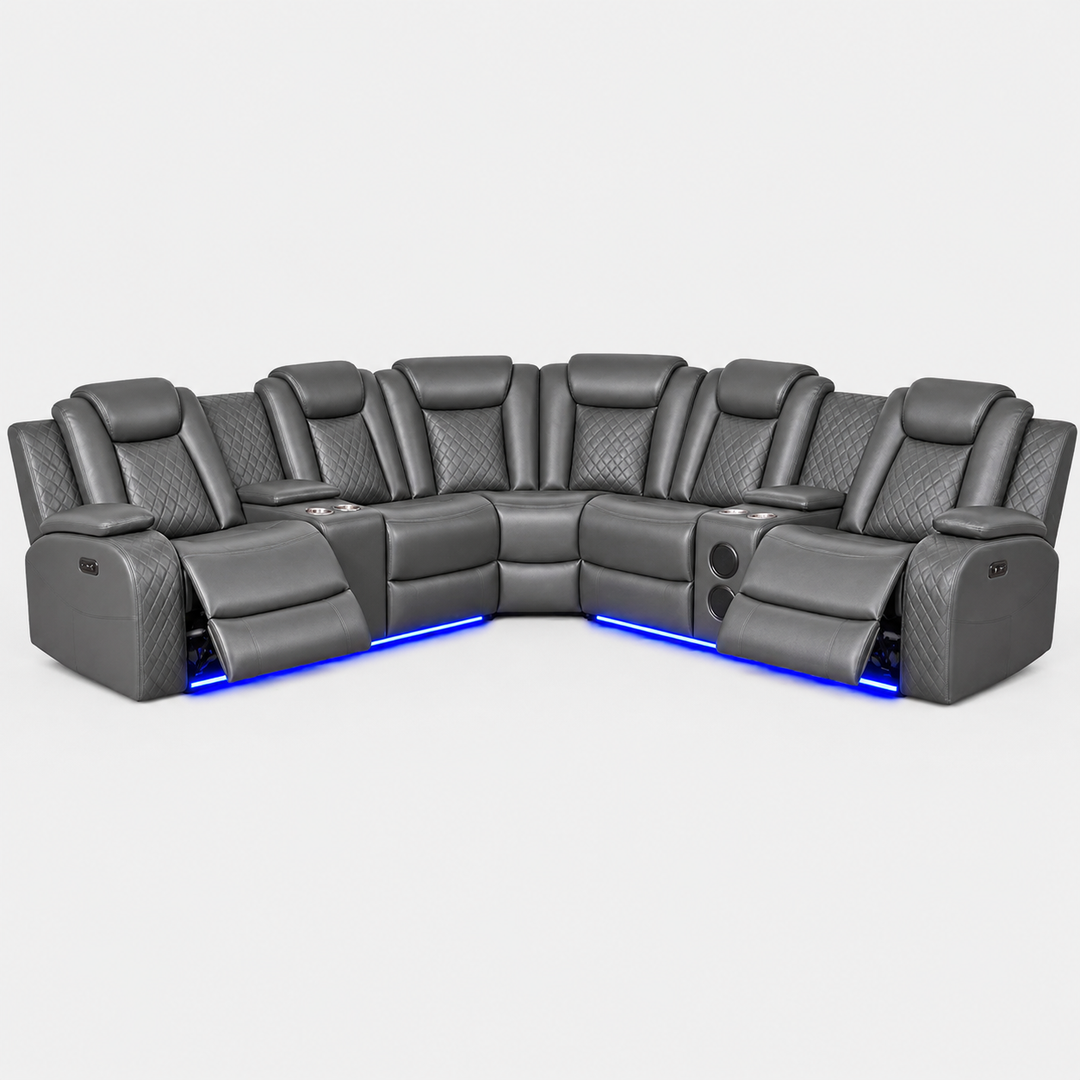 Finley 5-Seater Sectional Recliner In Leathaire Upholstery - Grey | Power Recline, Wireless Charger, Bluetooth Speakers, Bottom LEDs, Cup Holders &amp; Storage Console