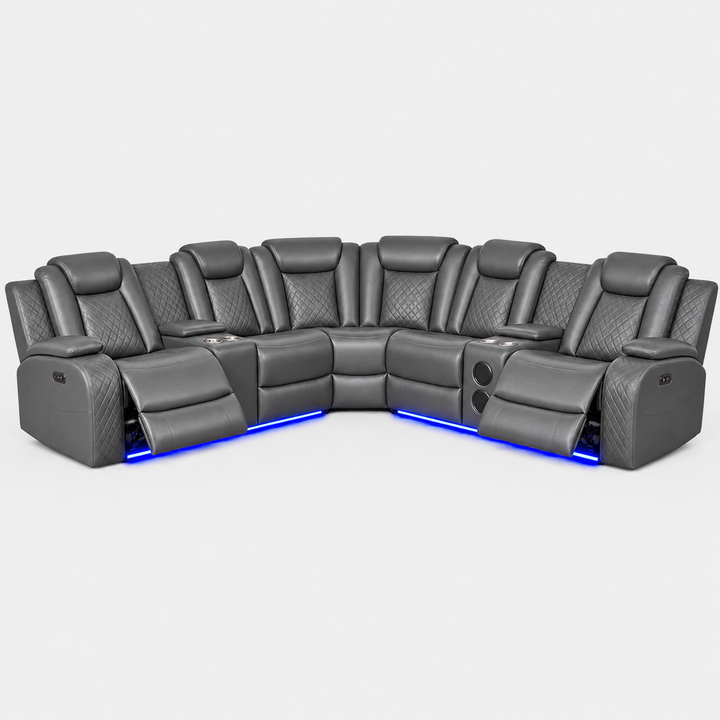 Finley 5-Seater Sectional Recliner In Leathaire Upholstery - Grey | Power Recline, Wireless Charger, Bluetooth Speakers, Bottom LEDs, Cup Holders &amp; Storage Console