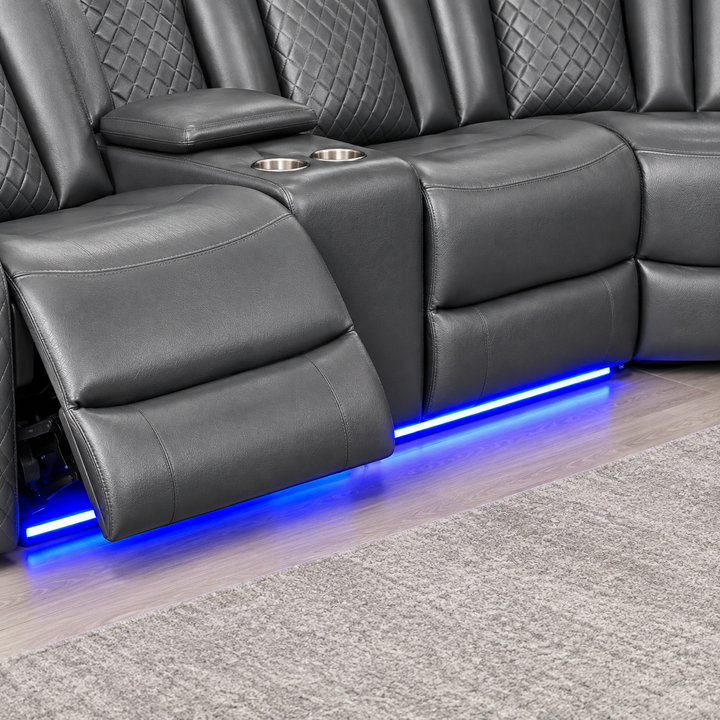 Finley 5-Seater Sectional Recliner In Leathaire Upholstery - Grey | Power Recline, Wireless Charger, Bluetooth Speakers, Bottom LEDs, Cup Holders &amp; Storage Console