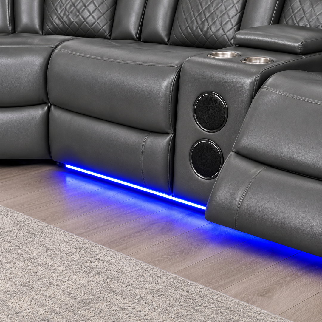 Finley 5-Seater Sectional Recliner In Leathaire Upholstery - Grey | Power Recline, Wireless Charger, Bluetooth Speakers, Bottom LEDs, Cup Holders &amp; Storage Console