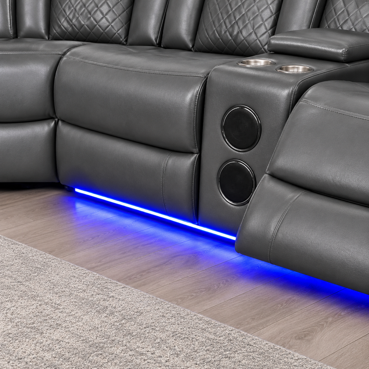 Finley 5-Seater Sectional Recliner In Leathaire Upholstery - Grey | Power Recline, Wireless Charger, Bluetooth Speakers, Bottom LEDs, Cup Holders &amp; Storage Console