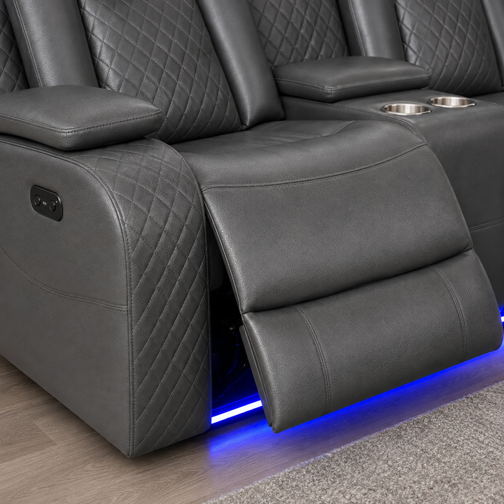 Finley 5-Seater Sectional Recliner In Leathaire Upholstery - Grey | Power Recline, Wireless Charger, Bluetooth Speakers, Bottom LEDs, Cup Holders &amp; Storage Console