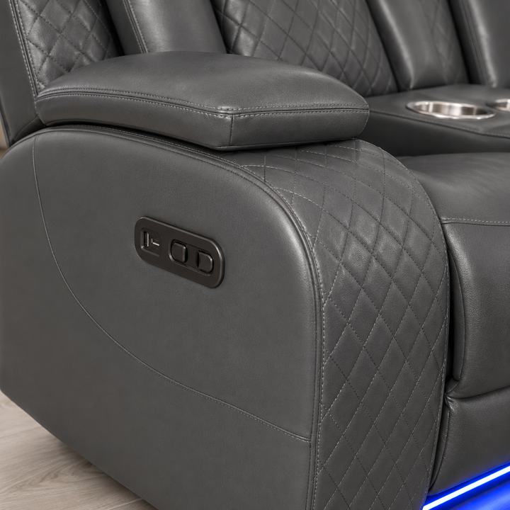 Finley 5-Seater Sectional Recliner In Leathaire Upholstery - Grey | Power Recline, Wireless Charger, Bluetooth Speakers, Bottom LEDs, Cup Holders &amp; Storage Console