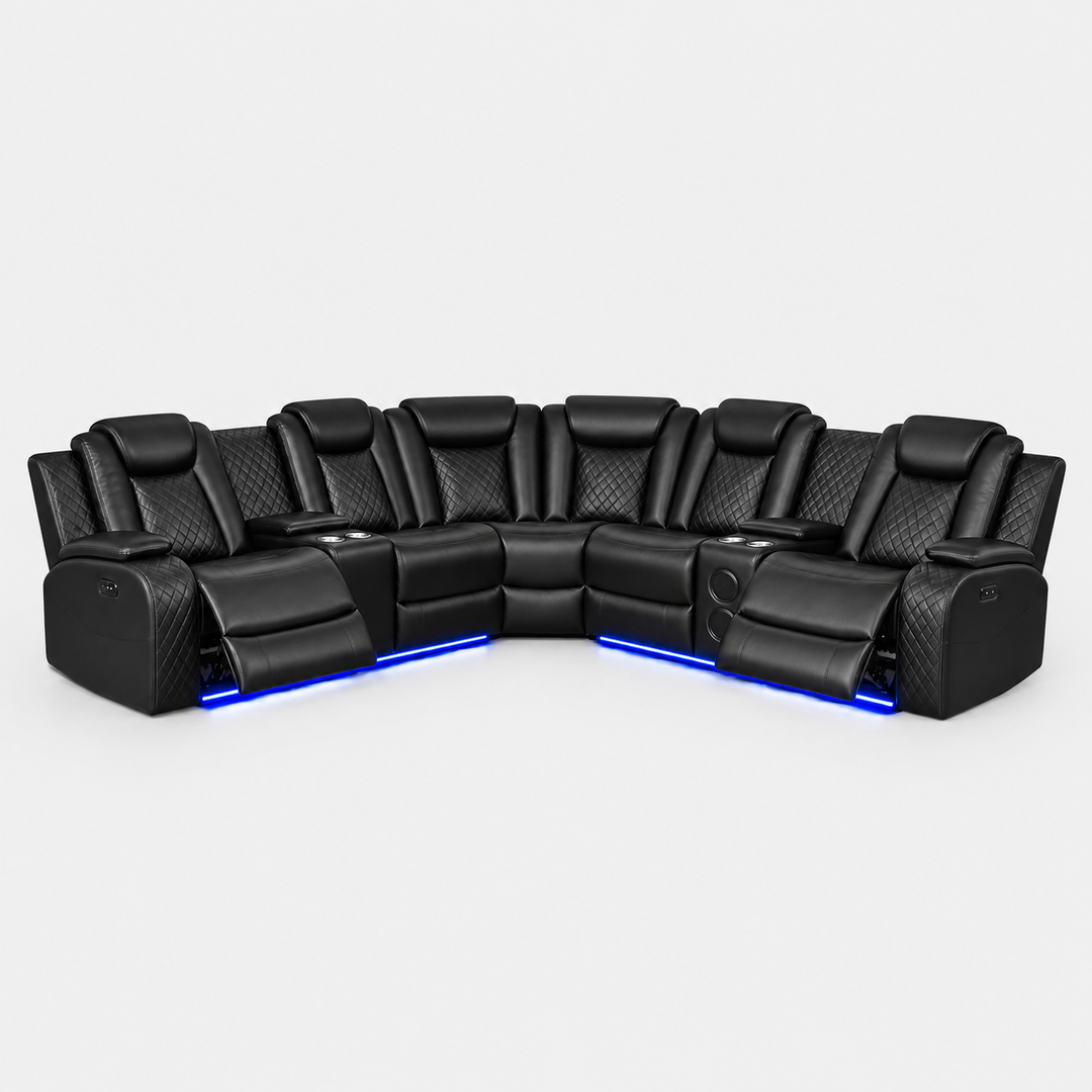 Finley 5-Seater Sectional Recliner In Leathaire Upholstery - Black | Power Recline, Wireless Charger, Bluetooth Speakers, Bottom LEDs, Cup Holders &amp; Storage Console