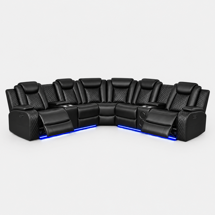 Finley 5-Seater Sectional Recliner In Leathaire Upholstery - Black | Power Recline, Wireless Charger, Bluetooth Speakers, Bottom LEDs, Cup Holders &amp; Storage Console
