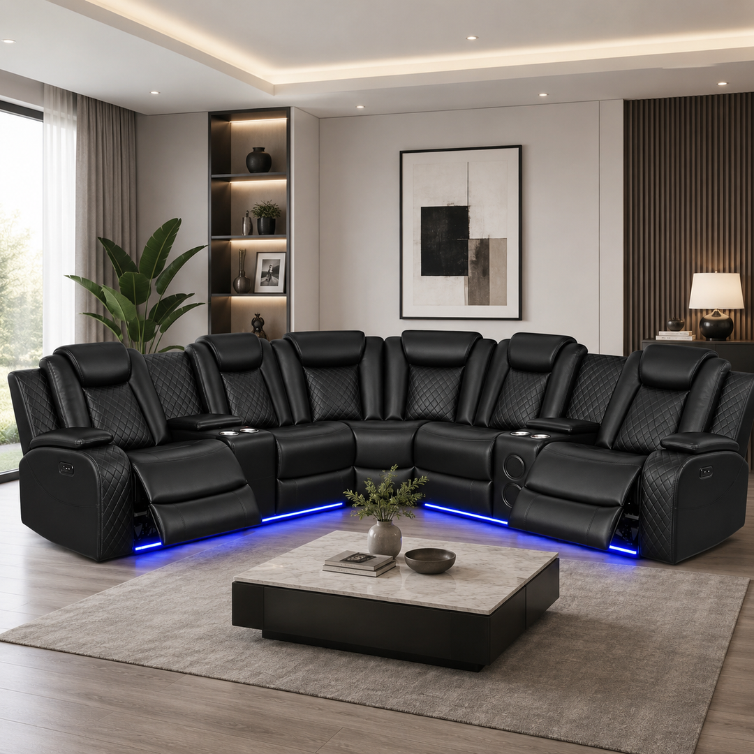 Finley 5-Seater Sectional Recliner In Leathaire Upholstery - Black | Power Recline, Wireless Charger, Bluetooth Speakers, Bottom LEDs, Cup Holders &amp; Storage Console