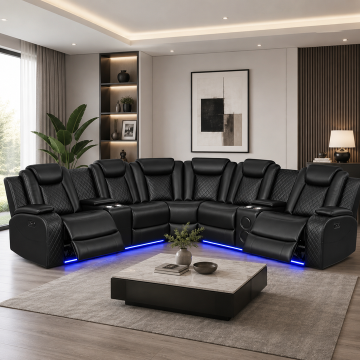 Finley 5-Seater Sectional Recliner In Leathaire Upholstery - Black | Power Recline, Wireless Charger, Bluetooth Speakers, Bottom LEDs, Cup Holders &amp; Storage Console