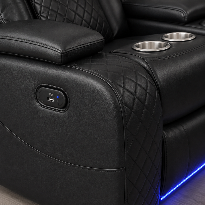 Finley 5-Seater Sectional Recliner In Leathaire Upholstery - Black | Power Recline, Wireless Charger, Bluetooth Speakers, Bottom LEDs, Cup Holders &amp; Storage Console