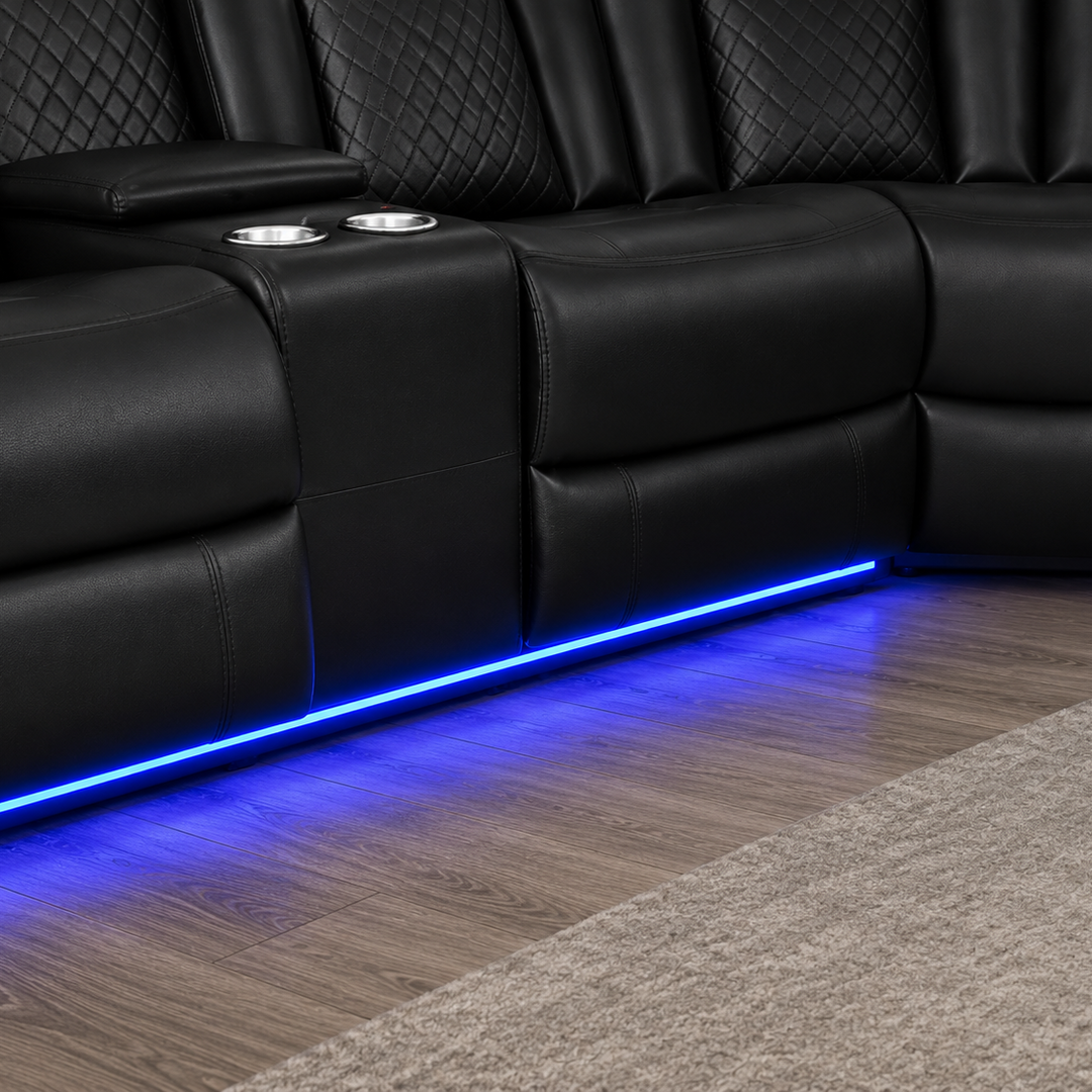 Finley 5-Seater Sectional Recliner In Leathaire Upholstery - Black | Power Recline, Wireless Charger, Bluetooth Speakers, Bottom LEDs, Cup Holders &amp; Storage Console