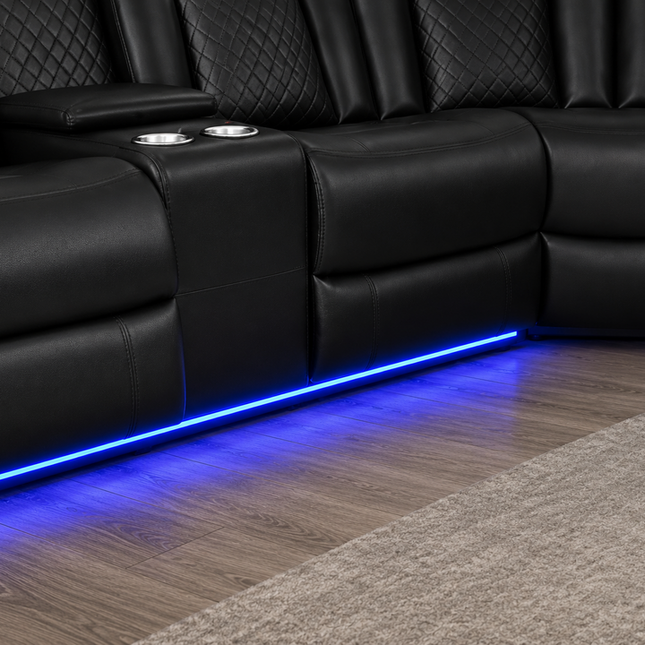 Finley 5-Seater Sectional Recliner In Leathaire Upholstery - Black | Power Recline, Wireless Charger, Bluetooth Speakers, Bottom LEDs, Cup Holders &amp; Storage Console
