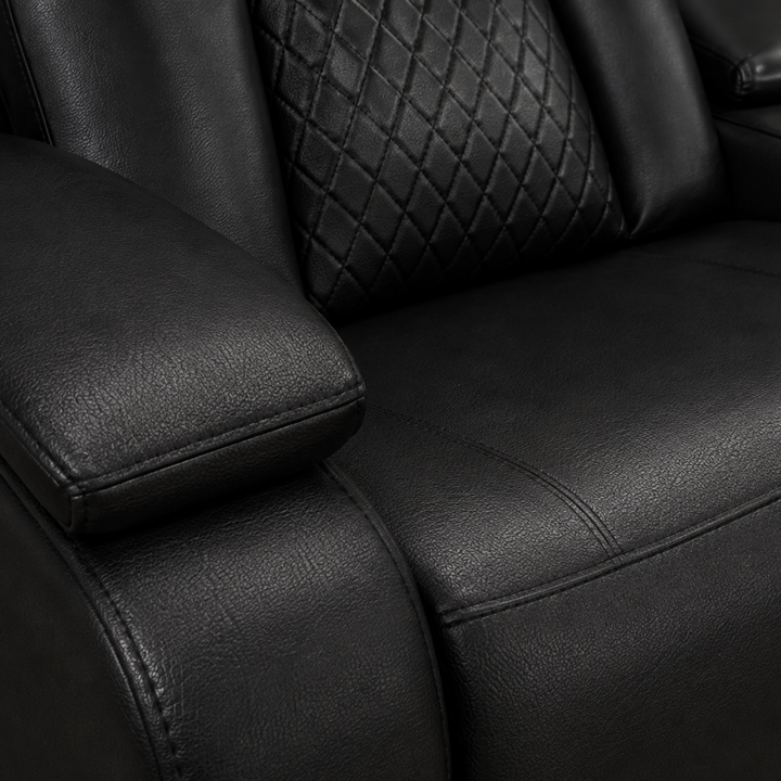 Finley 5-Seater Sectional Recliner In Leathaire Upholstery - Black | Power Recline, Wireless Charger, Bluetooth Speakers, Bottom LEDs, Cup Holders &amp; Storage Console