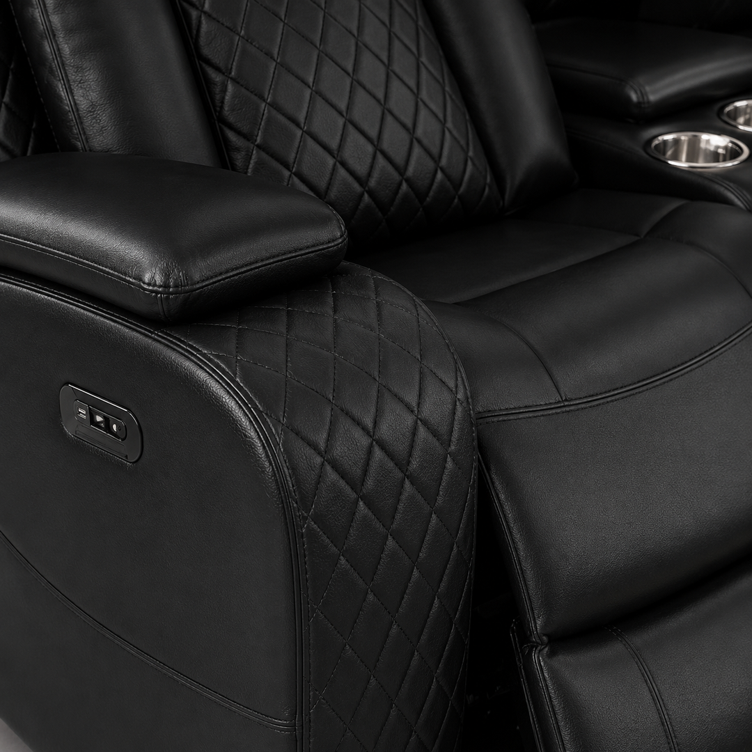 Finley 5-Seater Sectional Recliner In Leathaire Upholstery - Black | Power Recline, Wireless Charger, Bluetooth Speakers, Bottom LEDs, Cup Holders &amp; Storage Console