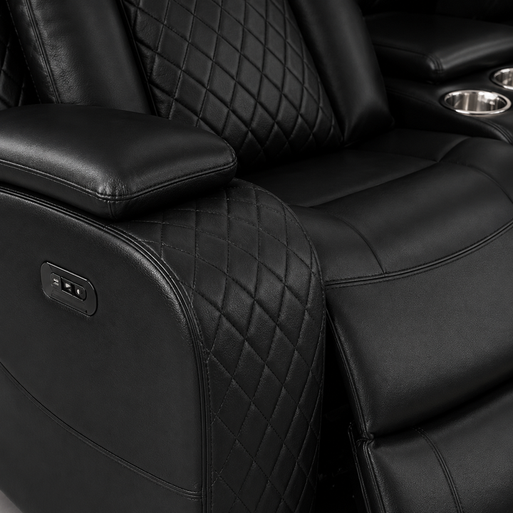 Finley 5-Seater Sectional Recliner In Leathaire Upholstery - Black | Power Recline, Wireless Charger, Bluetooth Speakers, Bottom LEDs, Cup Holders &amp; Storage Console