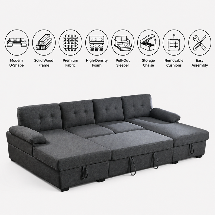 Lounza Fabric Upholstered Sectional Sofa Bed With Dual Corner Chaise - Grey