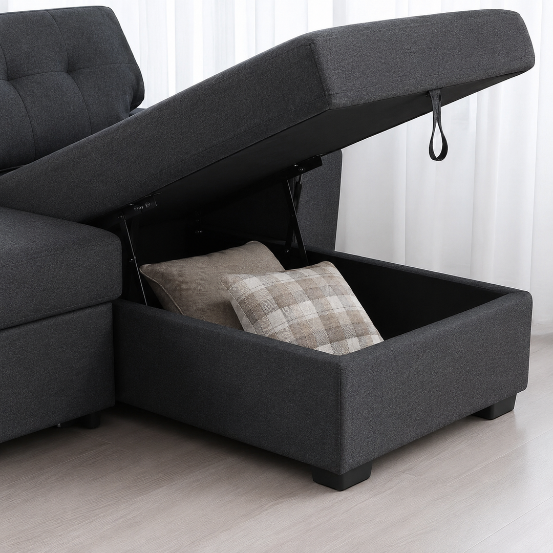 Lounza Fabric Upholstered Sectional Sofa Bed With Dual Corner Chaise - Grey