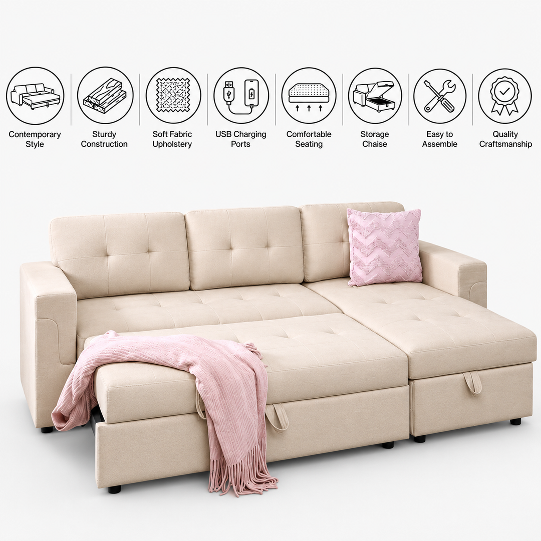 Trenton Sectional Sofa Bed With Reversible Storage Chaise &amp; USB Charging Ports - Beige