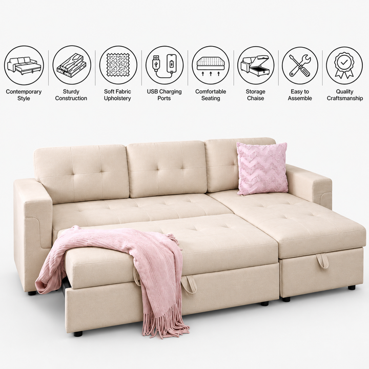 Trenton Sectional Sofa Bed With Reversible Storage Chaise &amp; USB Charging Ports - Beige