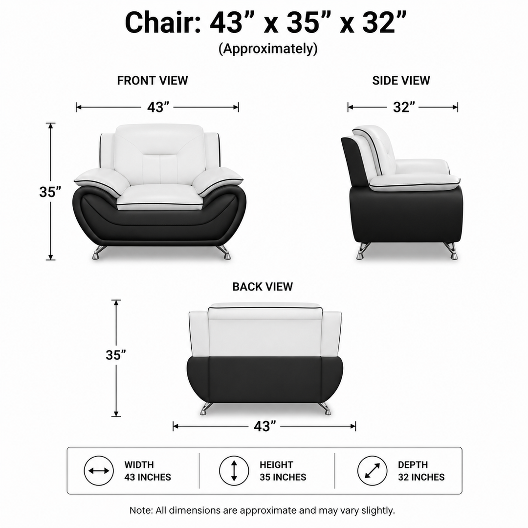 Gilan 3-Piece Sofa Set In Faux Leather Upholstery - Black/ White