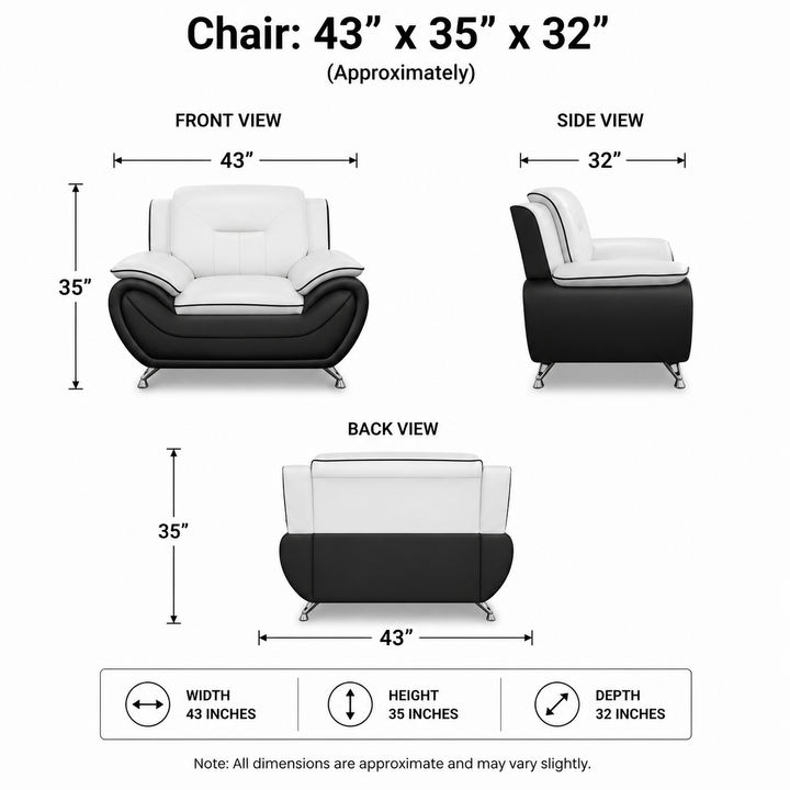 Gilan 3-Piece Sofa Set In Faux Leather Upholstery - Black/ White