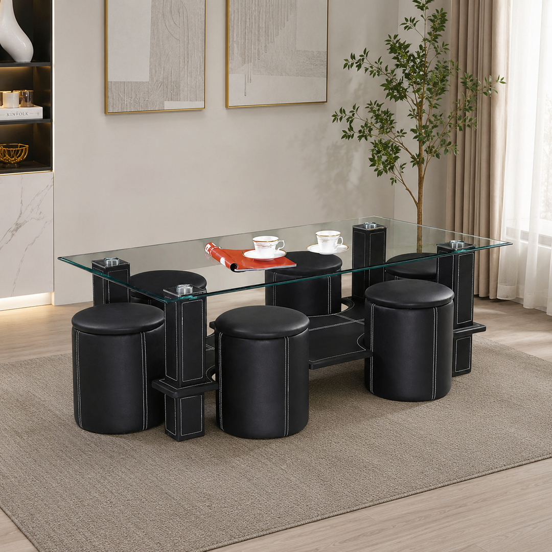 Roxxen Black Coffee Table Set With Clear Tempered Glass Top