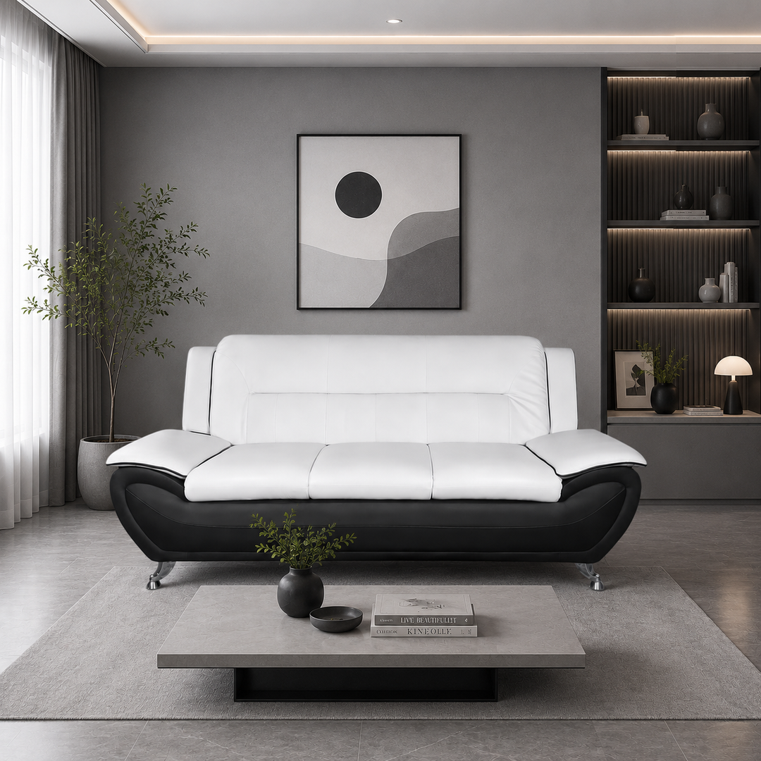 Gilan 3-Piece Sofa Set In Faux Leather Upholstery - Black/ White
