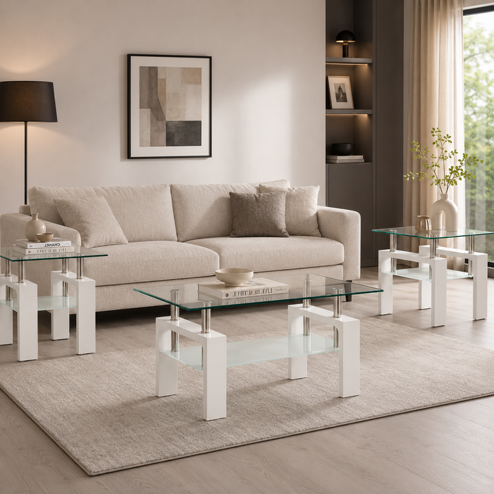 Odien White 3-Piece Coffee Table Set With Tempered Glass Top