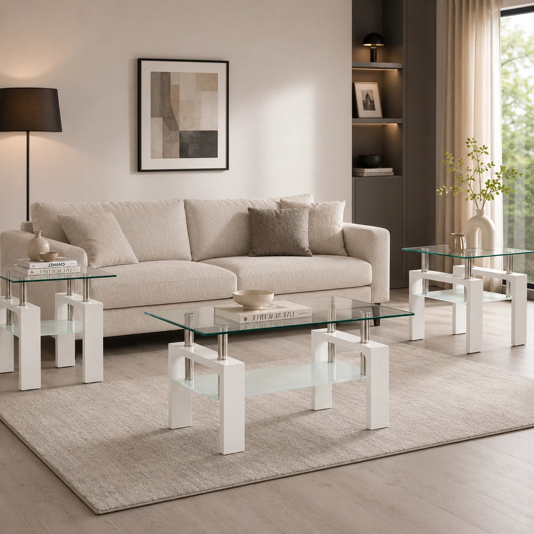 Odien White 3-Piece Coffee Table Set With Tempered Glass Top