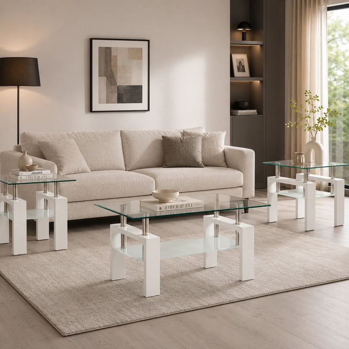 Odien White 3-Piece Coffee Table Set With Tempered Glass Top