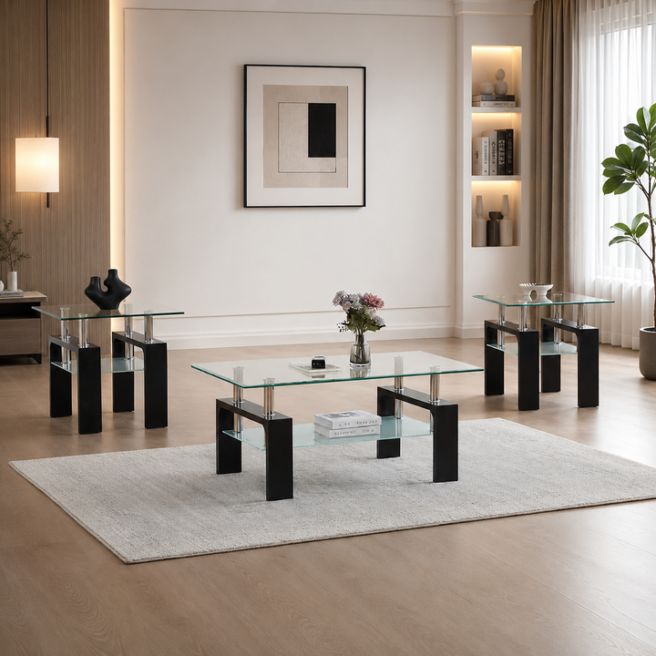 Odien Black 3-Piece Coffee Table Set With Tempered Glass Top