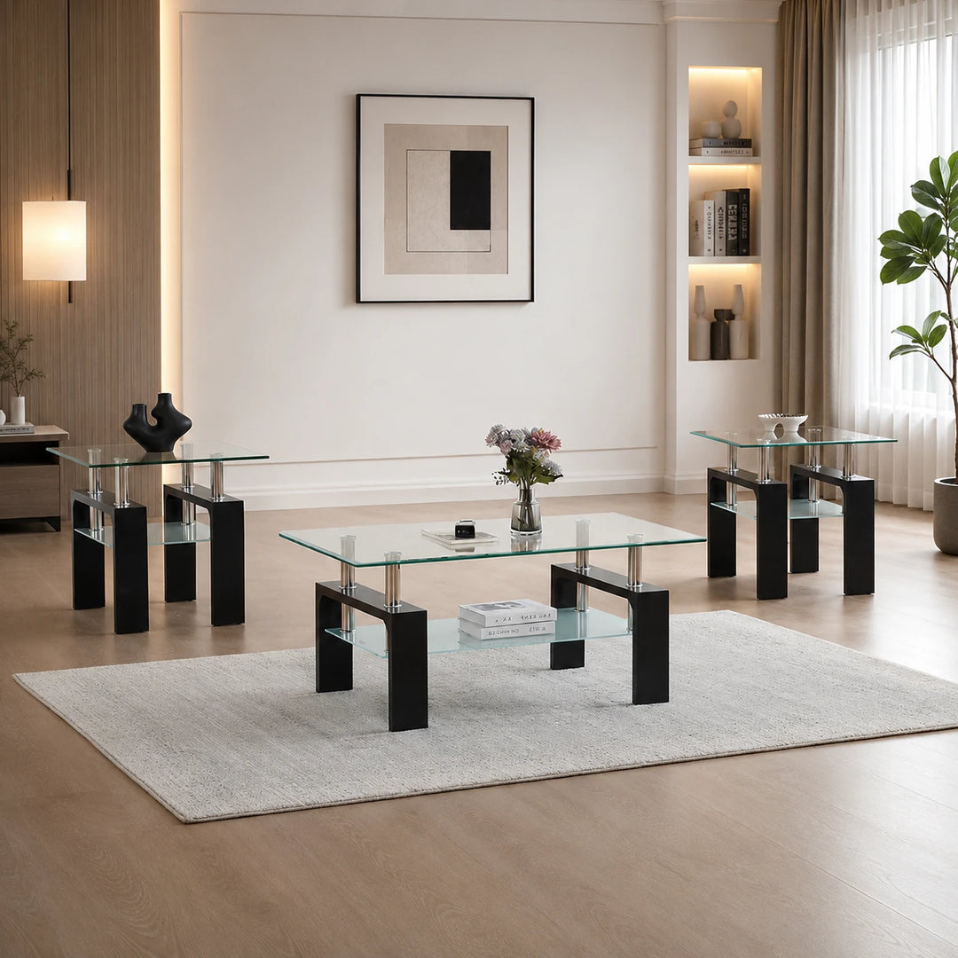 Odien Black 3-Piece Coffee Table Set With Tempered Glass Top