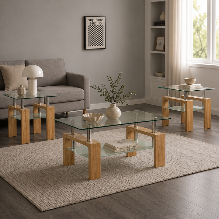 Odien Brown 3-Piece Coffee Table Set With Tempered Glass Top