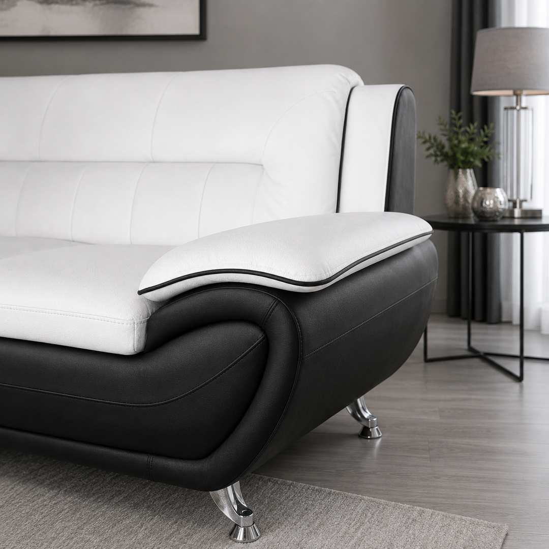 Gilan 3-Piece Sofa Set In Faux Leather Upholstery - Black/ White